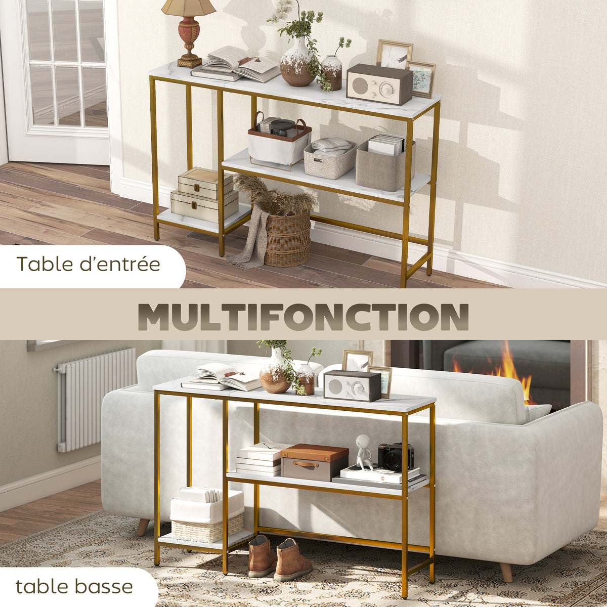 Console meuble 120 cm, table console 3 niveaux avec étagères de rangement, plateaux imitation marbre, blanc et doré