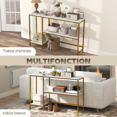 Console meuble 120 cm, table console 3 niveaux avec étagères de rangement, plateaux imitation marbre, blanc et doré