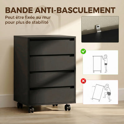 Caisson de bureau rangement bureau sur roulettes 4 tiroirs coulissants en bois aspect bois noir