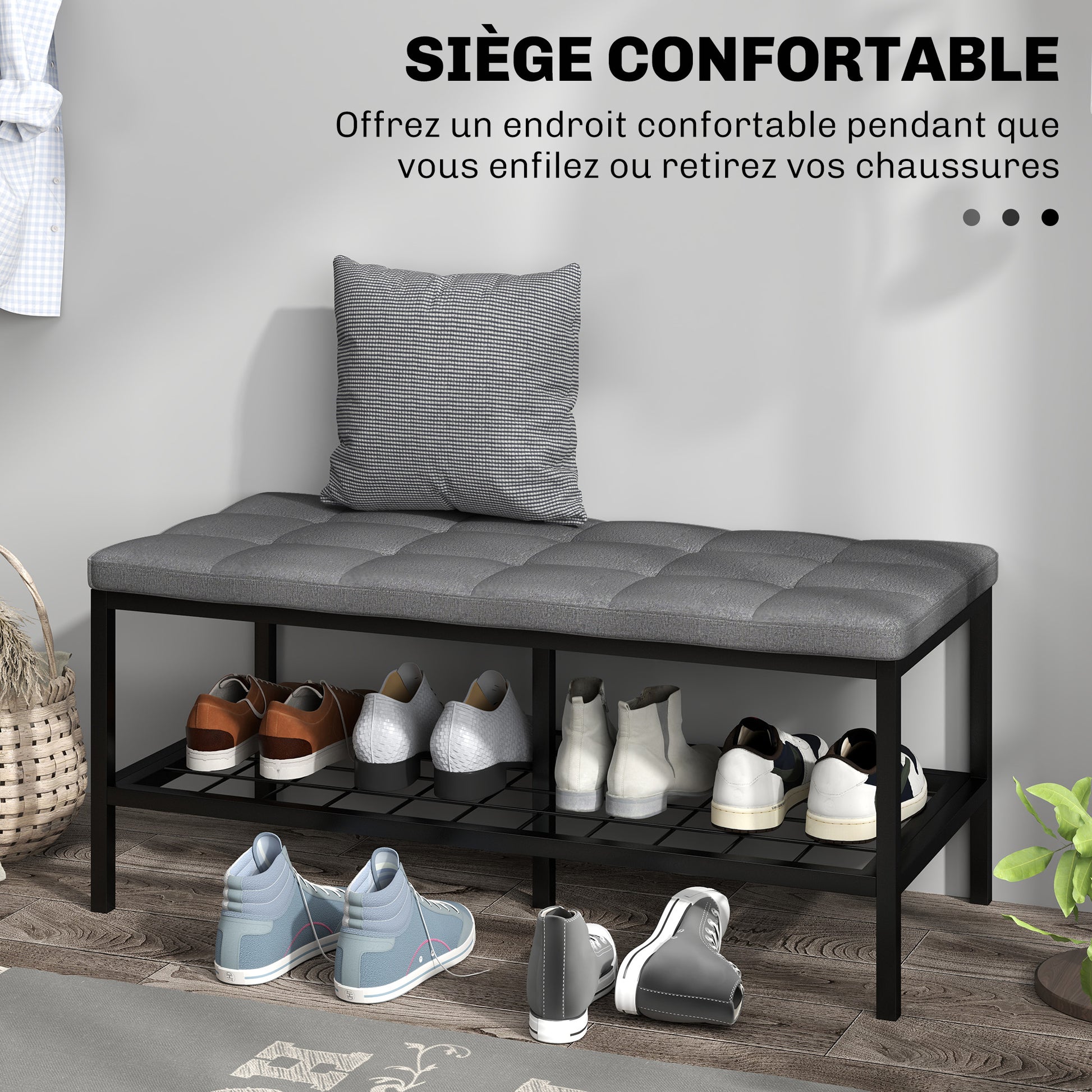Banc à chaussures avec coussin rembourré et étagère de rangement, banc d'entrée pour couloir, chambre, 90x41x40cm, gris