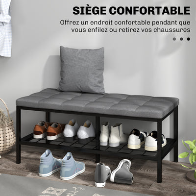 Banc à chaussures avec coussin rembourré et étagère de rangement, banc d'entrée pour couloir, chambre, 90x41x40cm, gris