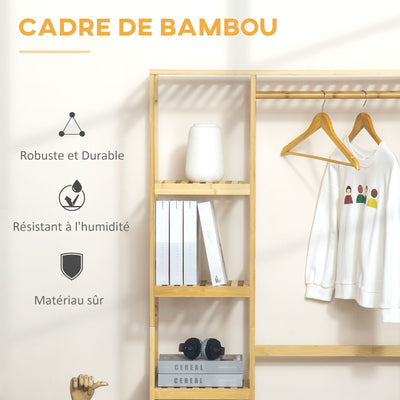 Portant à Vêtements Bambou Penderie Porte-Manteaux avec étagères, Tringle et 2 patères - dim. 90L x 30P x 155H cm