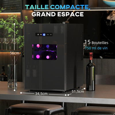 Cave à vin, 15 bouteilles, 39L, Réfrigérateur pour boissons, éclairage LED, température réglable 8-18℃
