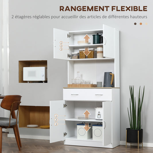 Buffet haut cuisine, armoire de cuisine, 4 portes, tiroir, plan de travail et étagères réglables, 80x40x180cm, blanc