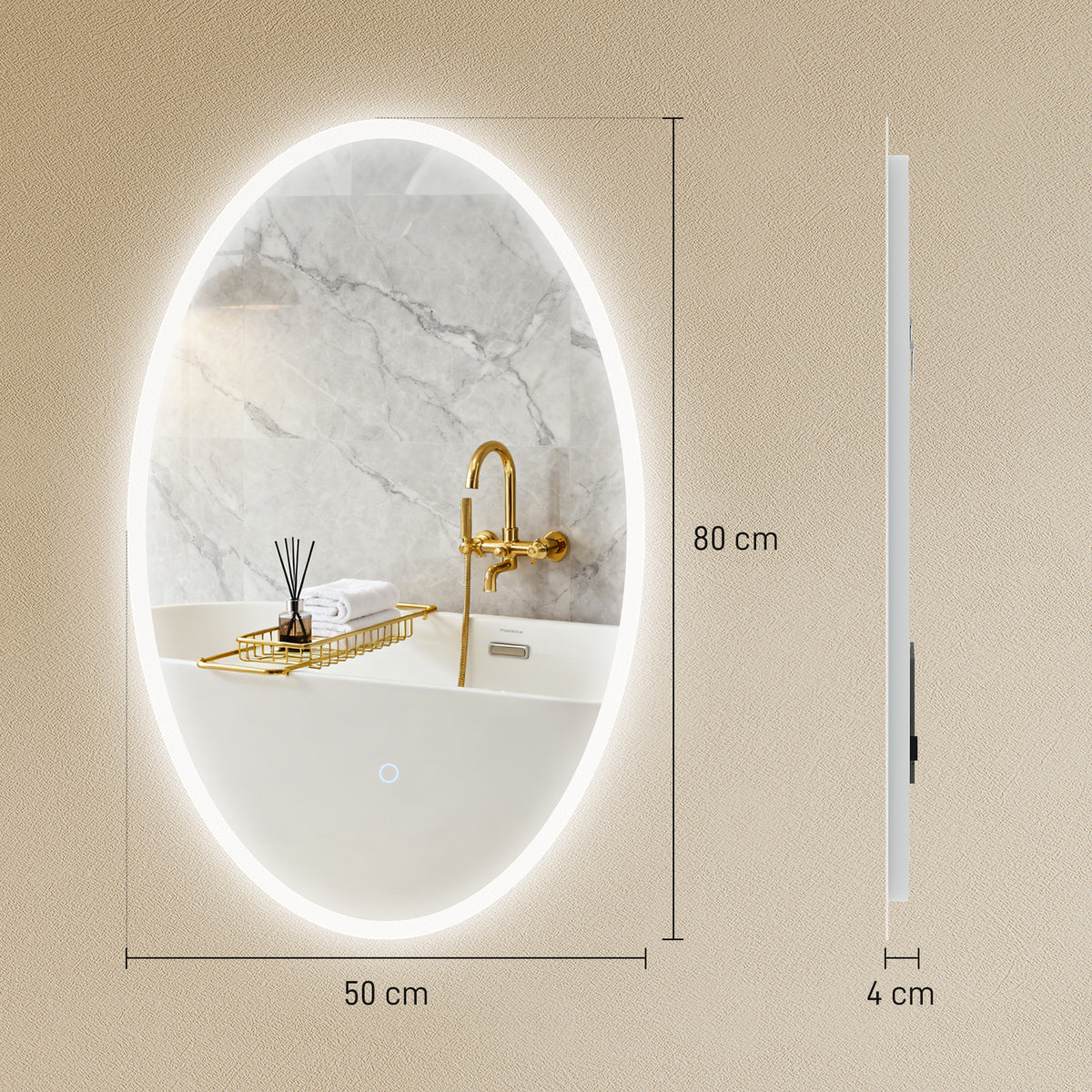 Miroir salle de bain avec éclairage 80 x 50 cm, miroir LED ovale, anti-buée, 3 couleurs lumière, dimmable, transparent