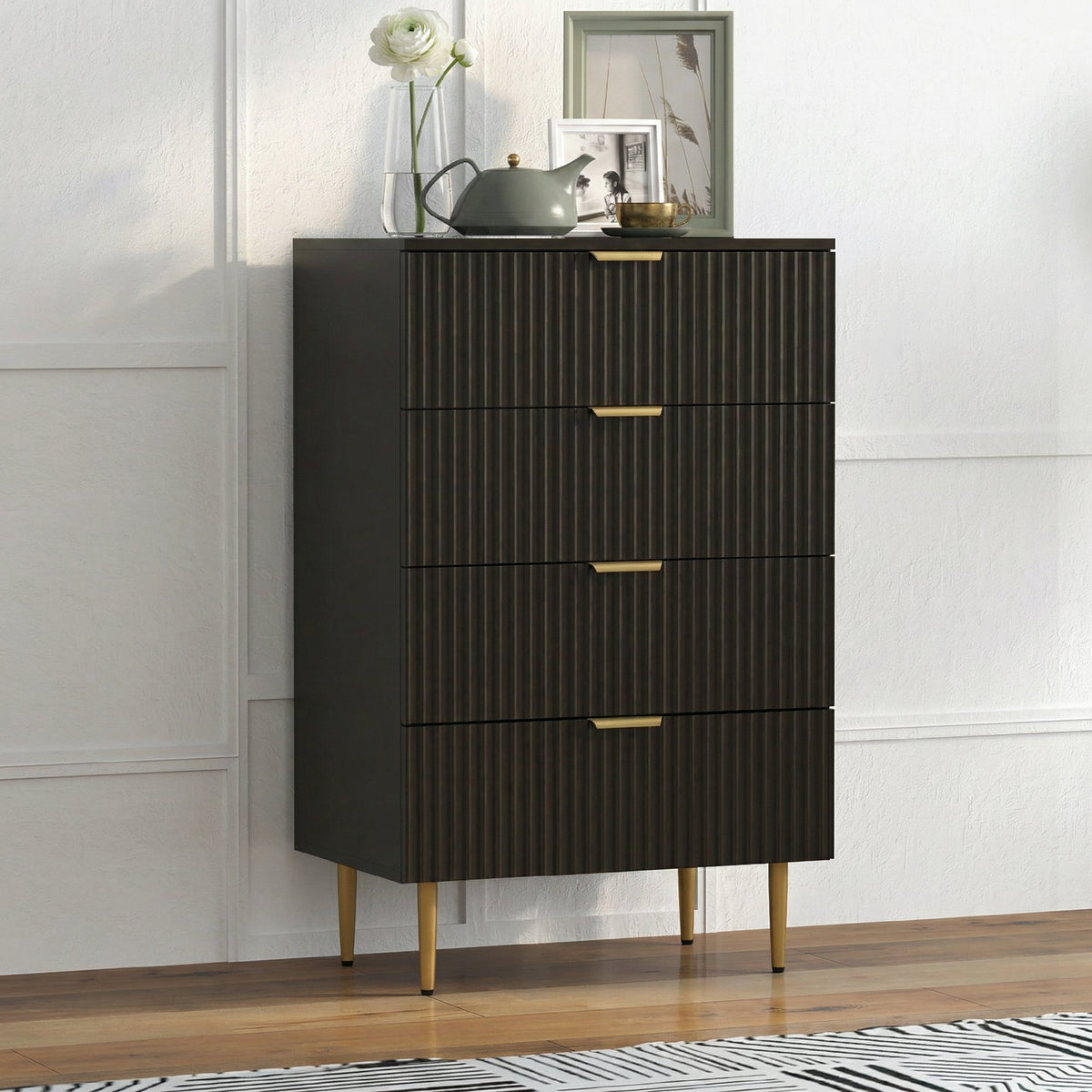 Commode 4 tiroirs commode chambre meuble de rangement moderne avec poignées et pieds dorés, dim. 60 x 40 x 96 cm, noir