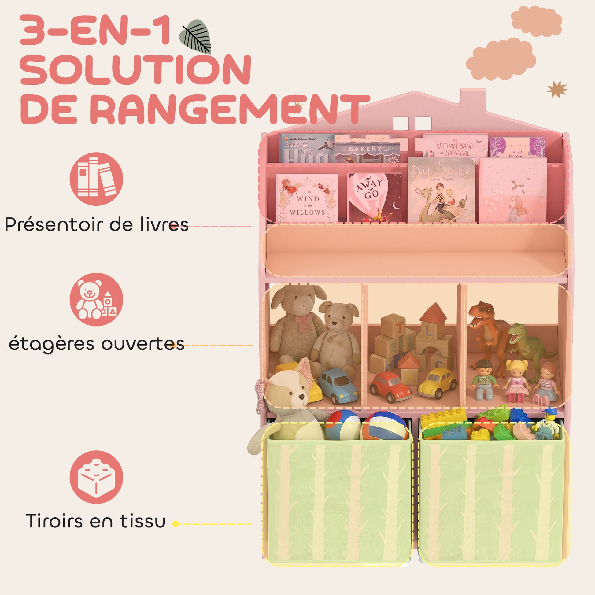 Meuble rangement enfant, bibliothèque enfants avec étagères ouvertes et 2 tiroirs en tissu, MDF, rose