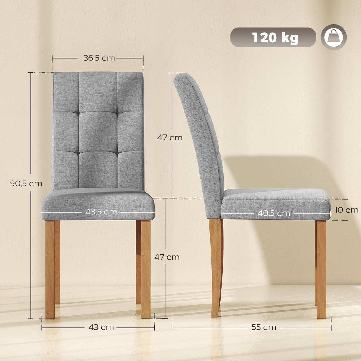 Lot de 2 chaises de salle à manger, chaise de cuisine moderne avec siège rembourré en tissu effet lin, gris clair