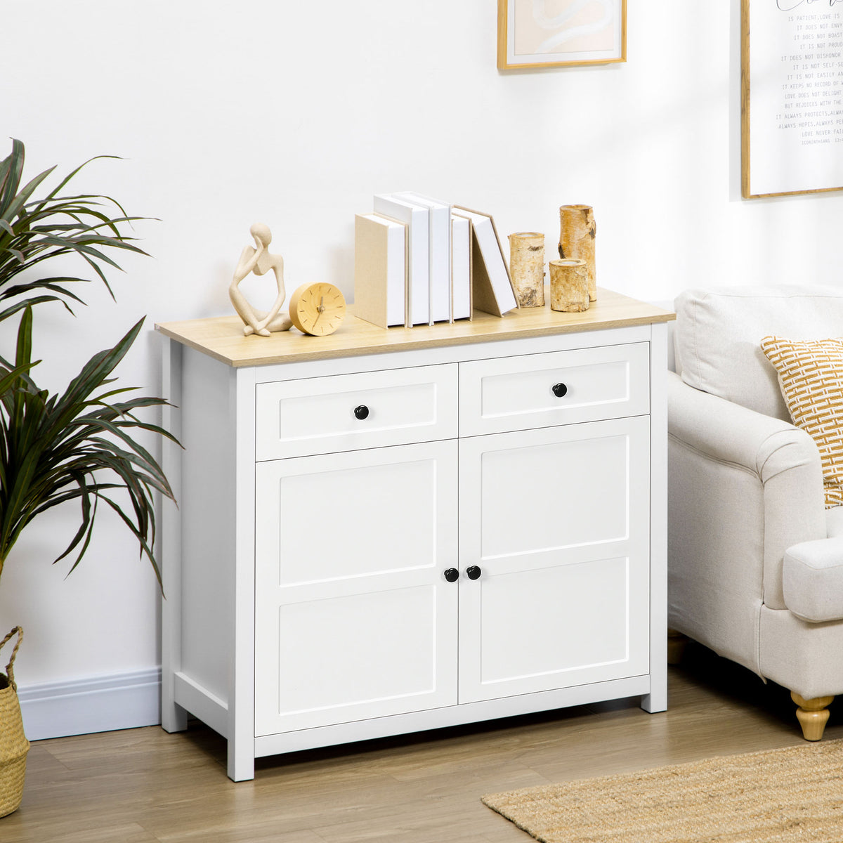 Commode meuble de rangement 2 portes avec étagère réglable en hauteur 2 tiroirs 100 x 40 x 85 cm blanc et aspect bois