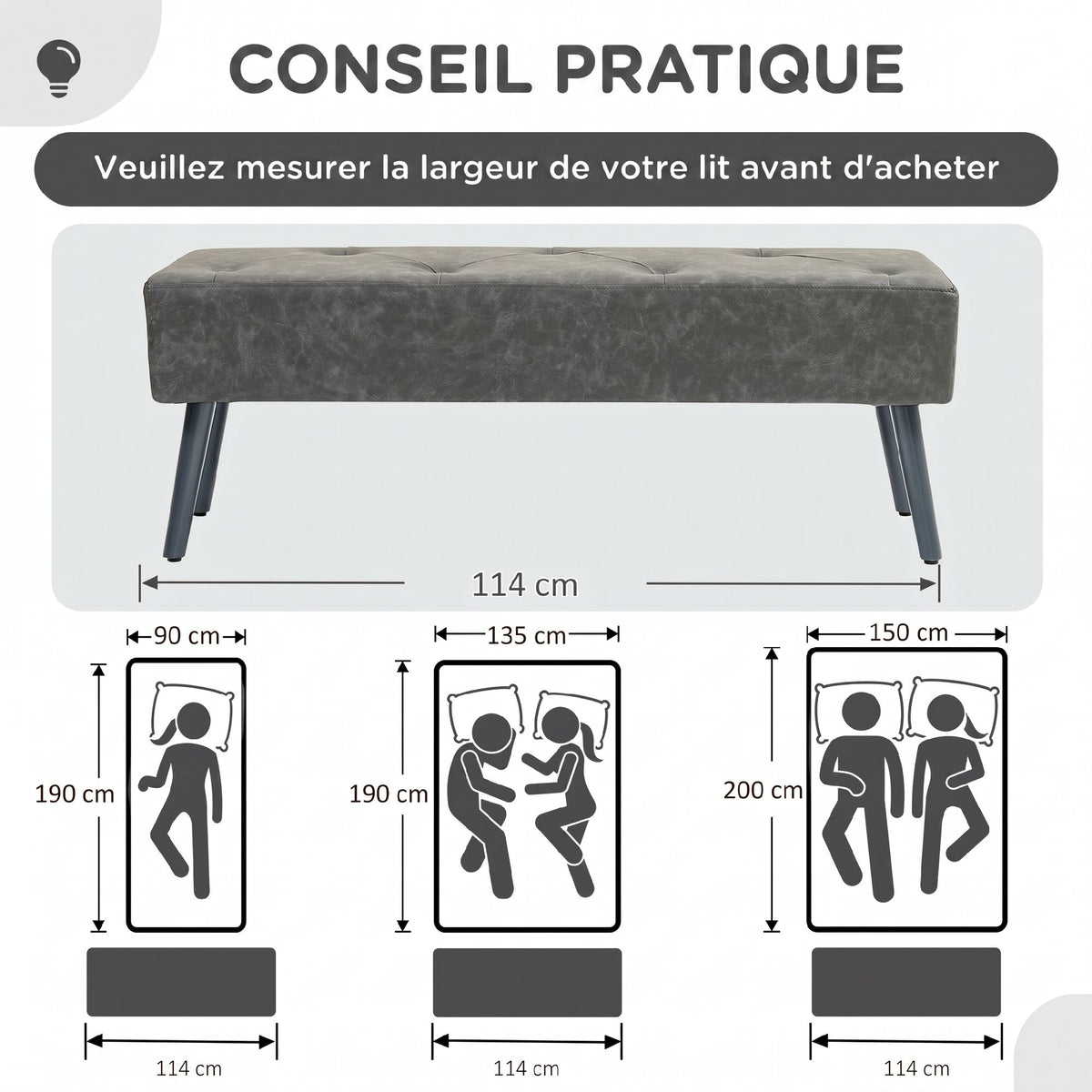 Banc bout de lit banquette capitonnée style vintage 114 x 38 x 42 cm piètement bois revêtement gris