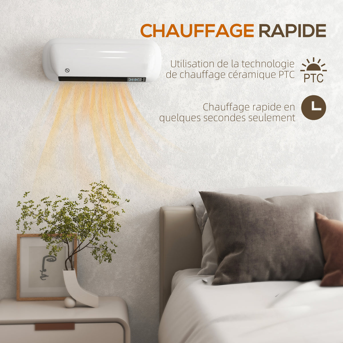 Chauffage mural en céramique 1000/2000W, radiateur électrique, ventilateur, thermostat, minuterie, 50x19x14cm, blanc