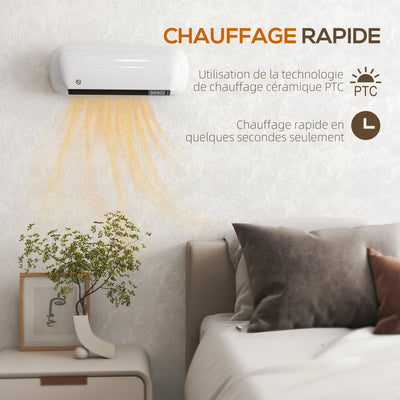 Chauffage mural en céramique 1000/2000W, radiateur électrique, ventilateur, thermostat, minuterie, 50x19x14cm, blanc
