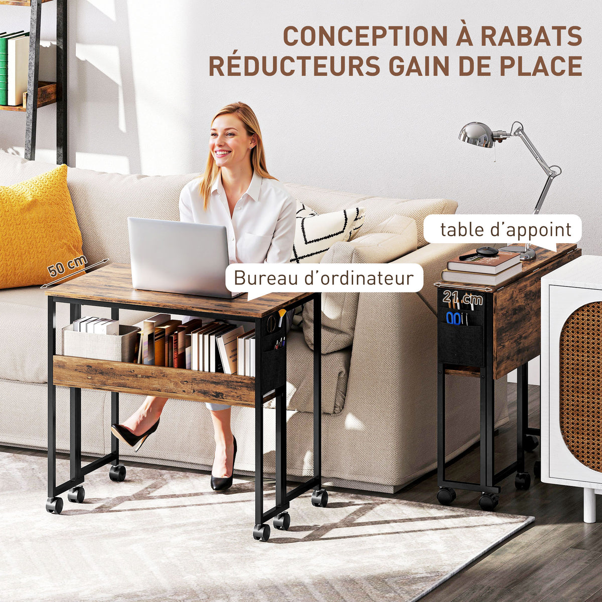 Bureau pliable sur roulettes 80 x 50 cm avec étagère et sac de rangement, brun rustique