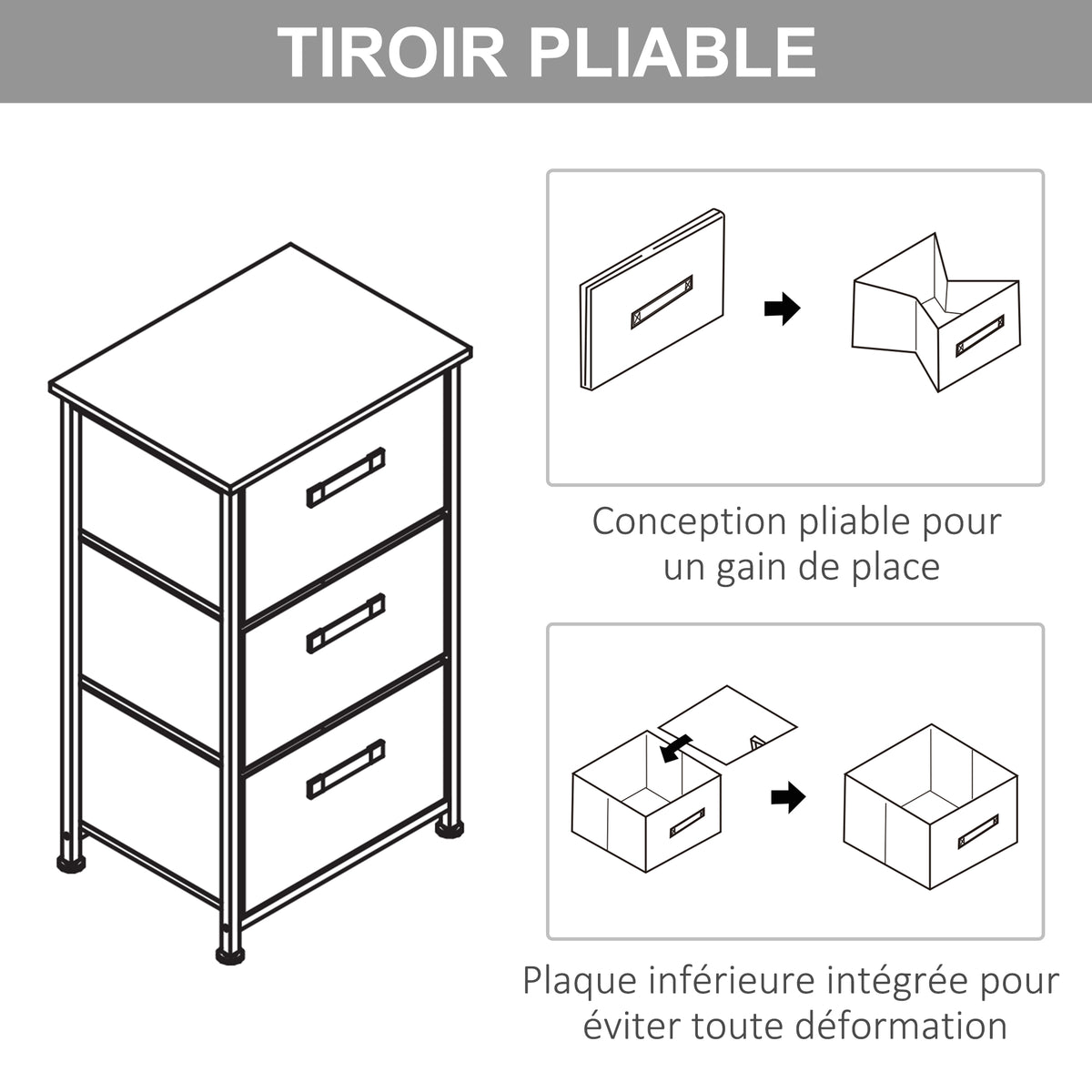 Meuble de rangement chiffonnier moderne 3 tiroirs en tissu, cadre en acier et MDF, 45 x 30 x 71 cm, gris