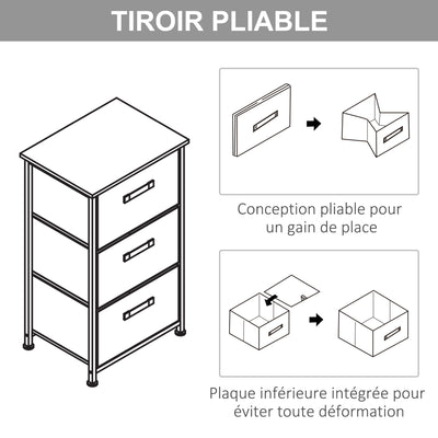 Meuble de rangement chiffonnier moderne 3 tiroirs en tissu, cadre en acier et MDF, 45 x 30 x 71 cm, gris