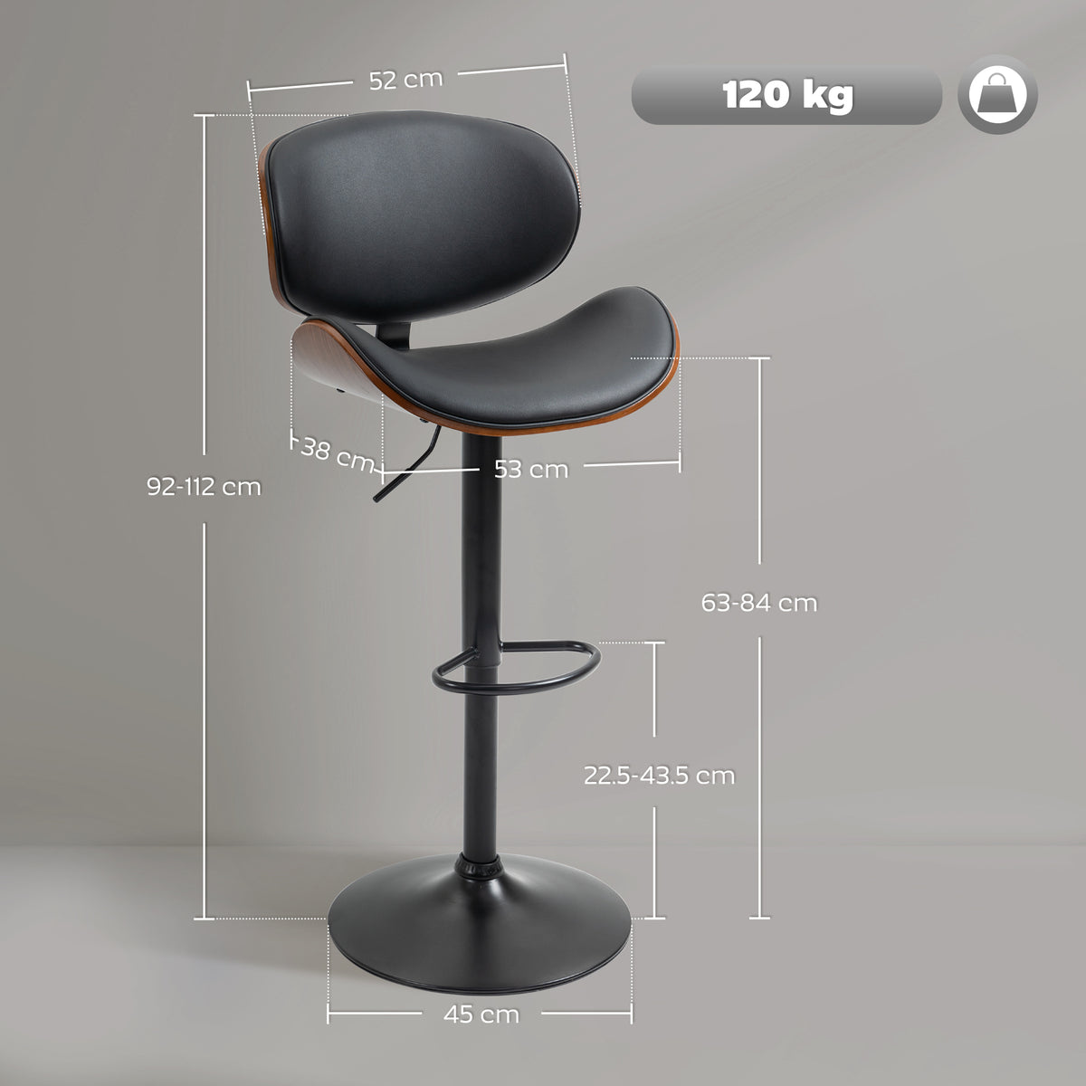Lot de 2 chaises de bar tabouret hauteur réglable revêtement synthétique 53 x 52 x 92-112 cm noir