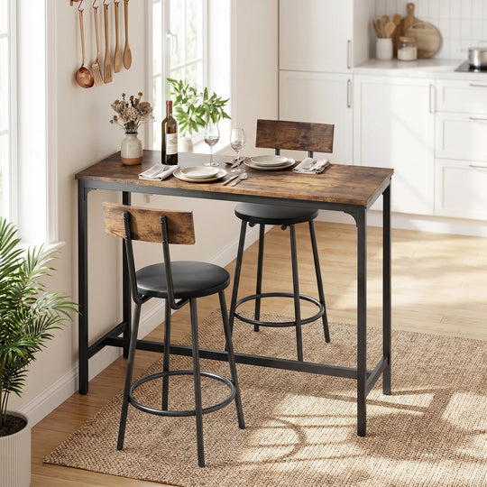 Ensemble Table de Bar avec 2 Tabourets, Table Haute de Cuisine et 2 Chaises de Bar Rembourrées PU, Repose-Pieds, Marron Aosom