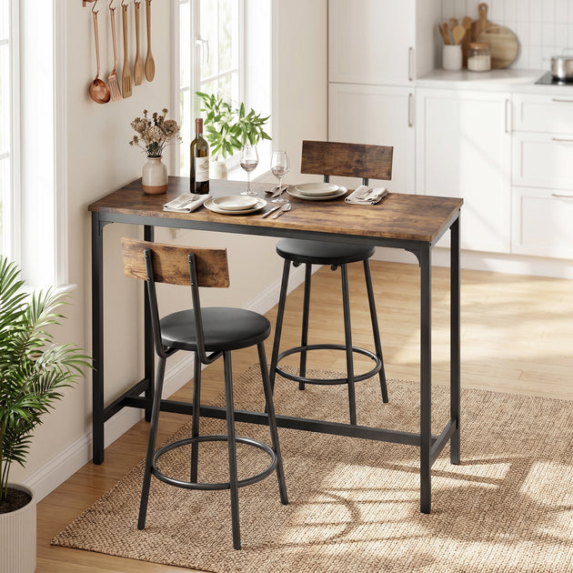 Ensemble Table de Bar avec 2 Tabourets, Table Haute de Cuisine et 2 Chaises de Bar Rembourrées PU, Repose-Pieds, Marron Aosom