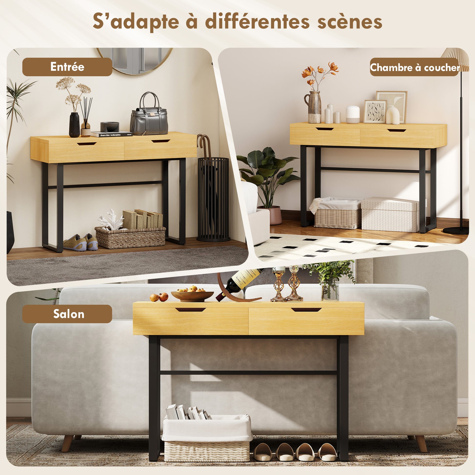 Console meuble 110 cm, table console étroite avec 2 tiroirs, cadre en métal et design sans poignées, bois naturel