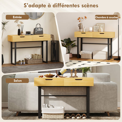 Console meuble 110 cm, table console étroite avec 2 tiroirs, cadre en métal et design sans poignées, bois naturel