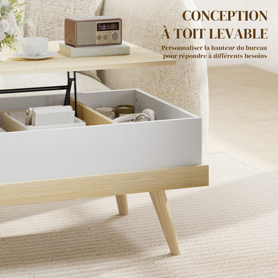 Table Basse Relevable avec 3 Compartiments Cachés, Table de Salon Moderne, Pieds en Bois, 100x79x54cm, Naturel Blanc