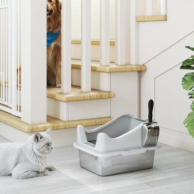 Bac à litière en acier inoxydable, maison de toilette pour chat, bords hauts, nettoyage facile, 43,1x33,2x25,4cm, gris