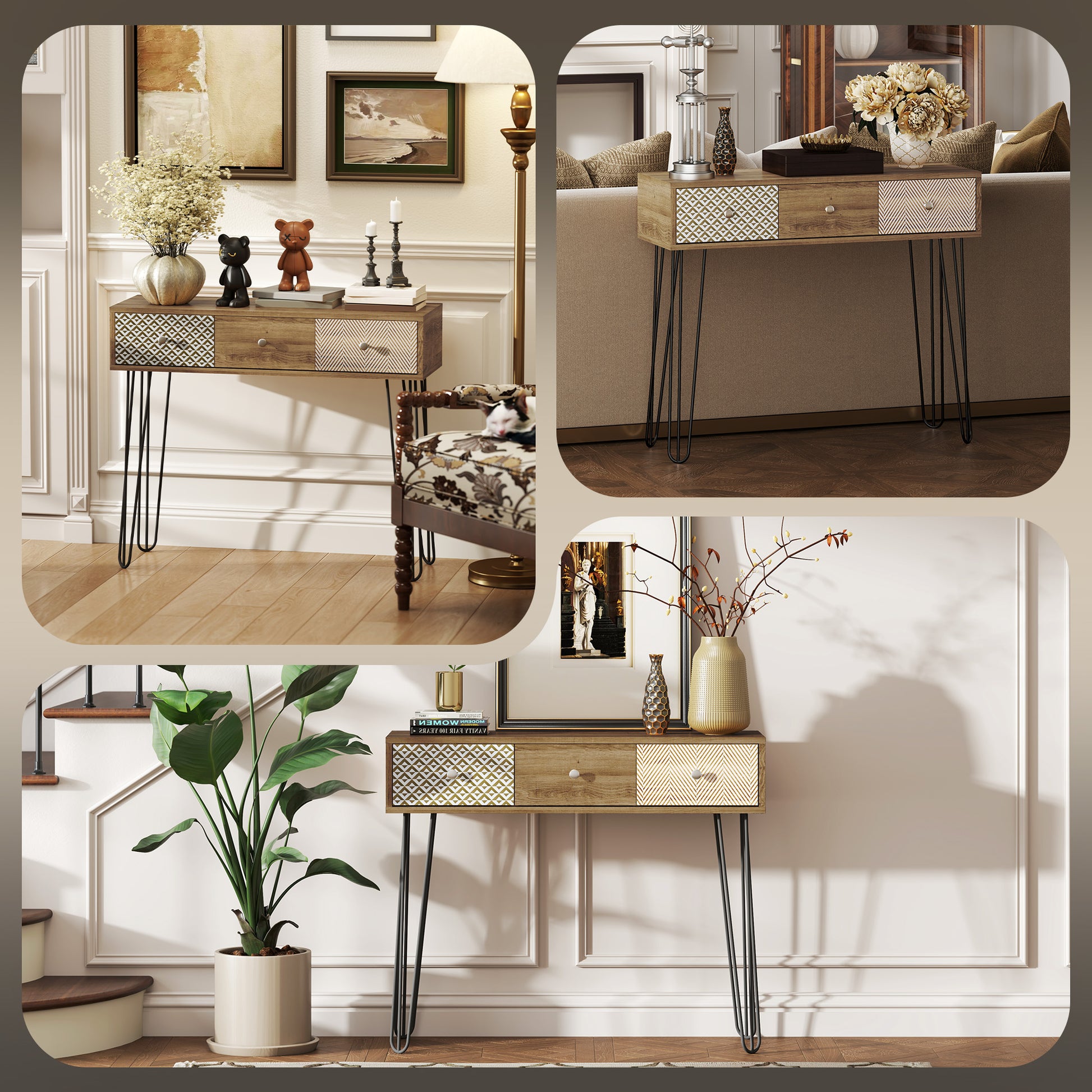Table console avec 3 tiroirs, table d'entrée étroite avec pieds en épingle à cheveux en acier, 90 x 30 x 75 cm, marron