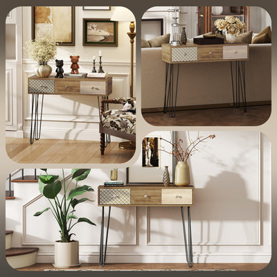 Table console avec 3 tiroirs, table d'entrée étroite avec pieds en épingle à cheveux en acier, 90 x 30 x 75 cm, marron