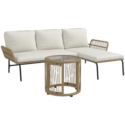 Salon de jardin extérieur d'angle 3 places en résine tressée avec canapés, chaise longue, table basse et coussins, crème