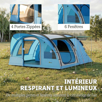Grande Tente Tunnel Camping 4 Personnes 3-4 Saisons Hauteur d'Homme 2 m Séjour XL 3,7 m Imperméable 3000mm Bleu