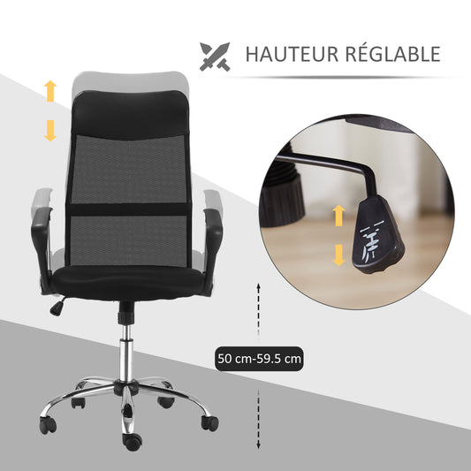 Fauteuil de bureau manager grand confort dossier ergonomique hauteur assise réglable pivotant tissu maille noir