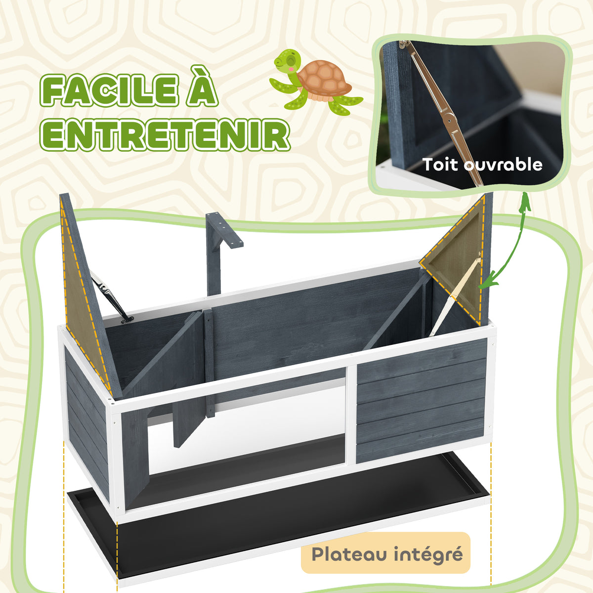 Maison pour tortues enclos avec toit ouvrant support lampe plateau fenêtre panoramique 120 x 50 x 40 cm gris Aosom