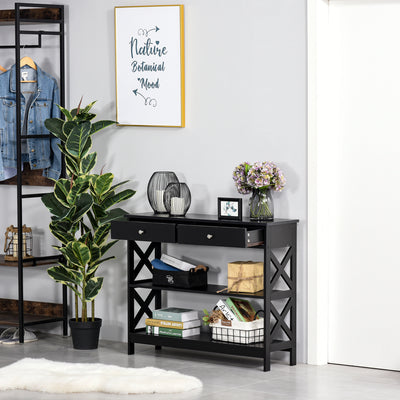 Table de console table d'entrée style table de drapier néo-rétro 2 tiroirs 2 étagères dim. 100L x 30,5l x 80H cm en bois noir