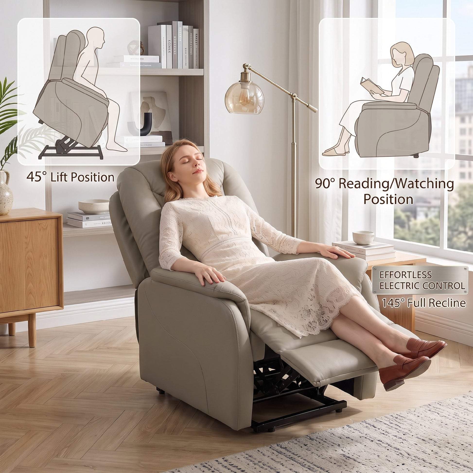 Fauteuil Releveur Électrique Massage Vibration et Chaleur, Fauteuil Relax Électrique en PU, Dossier Inclinable, Gris