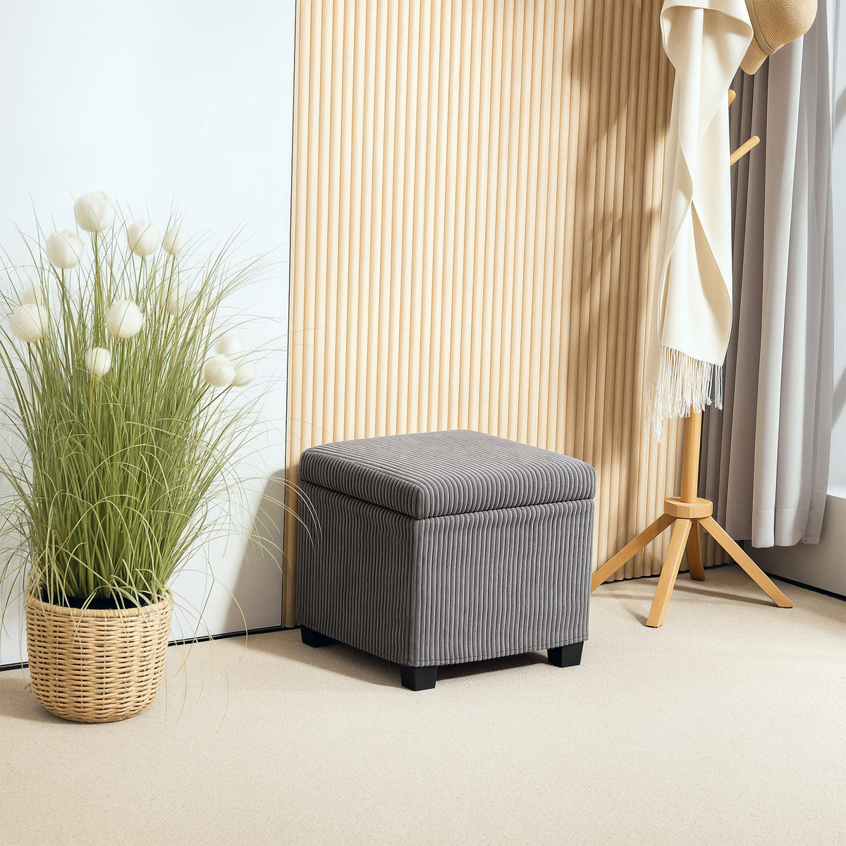 Coffre pouf rangement 30 L avec couvercle amovible, ottoman cube rembourré en velours côtelé, 40 x 40 x 40 cm, gris