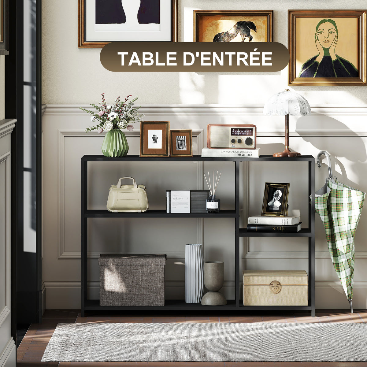 Console meuble étroite à 4 niveaux style industriel cadre en acier, 110 x 30 x 75 cm, noir