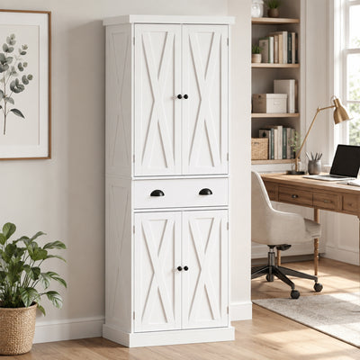 Buffet Haut Cuisine, Armoire de Cuisine avec 4 Portes, Tiroir et Étagères Réglables, Style Rustique, 62x38x173cm, Blanc