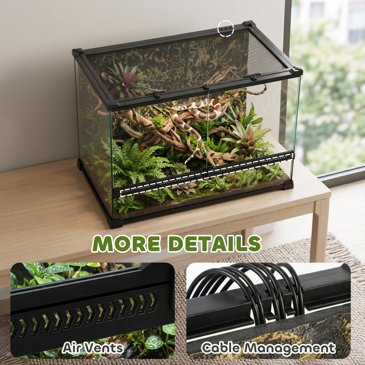 Boîte à Reptiles avec Panneau de Fond, Fermeture Sécurisée Par Rotation, Ventilation Frontale, 50x30x35cm, Noir