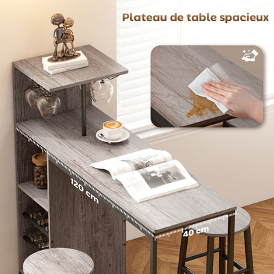 Ensemble table de bar avec tabourets, table à manger debout avec 2 chaises de bar étagères, casiers à vin, bois naturel