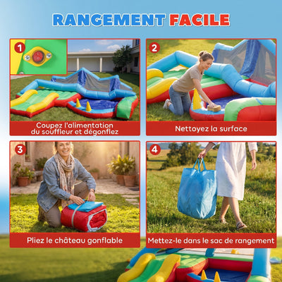 Château gonflable 4 en 1, aire de jeux avec souffleur, toboggan, piscine à balles, jeu de lancer d'anneaux, multicolore