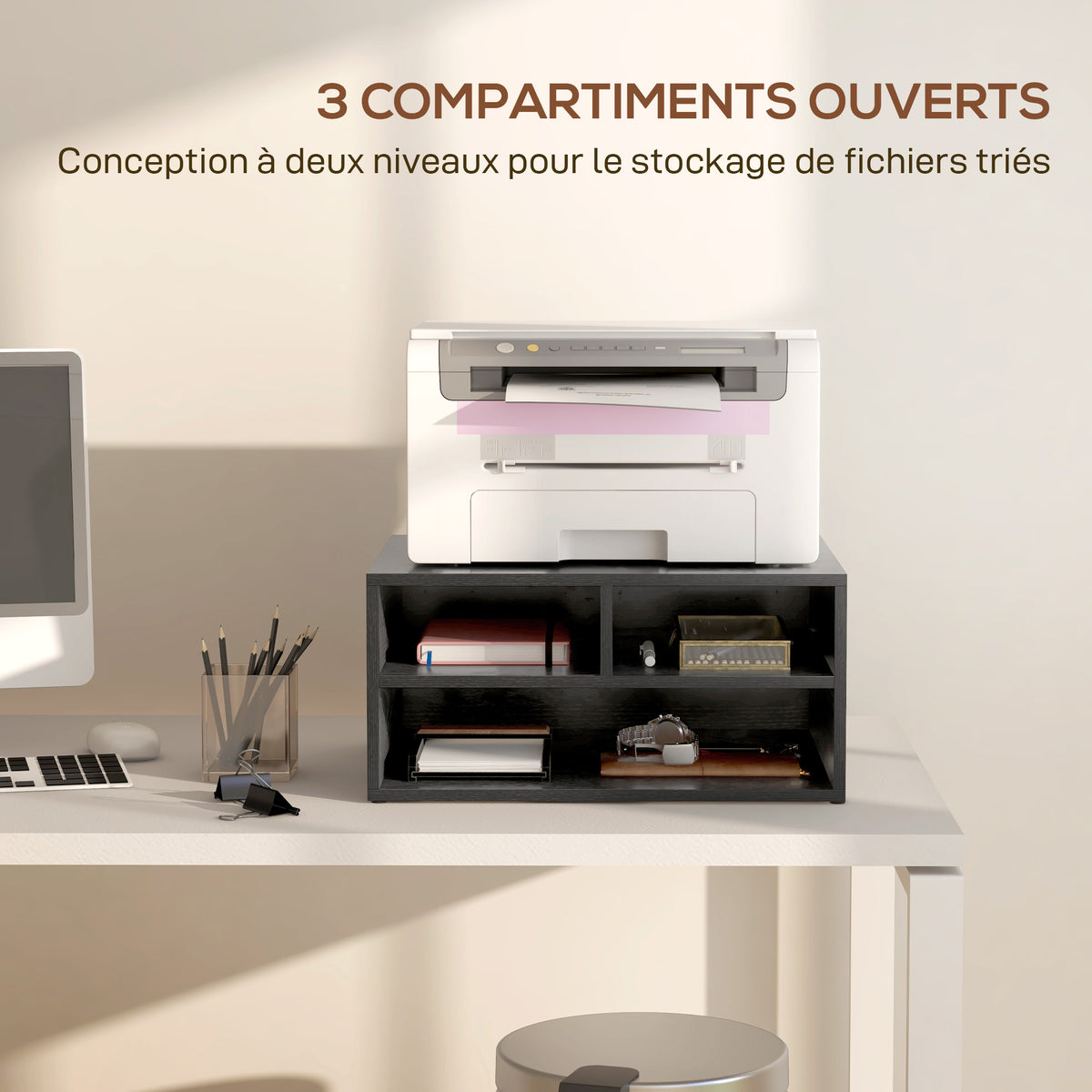Organiseur bureau aspect noir avec 3 compartiments fournitures support d'imprimante 47 x 40 x 22,5 cm