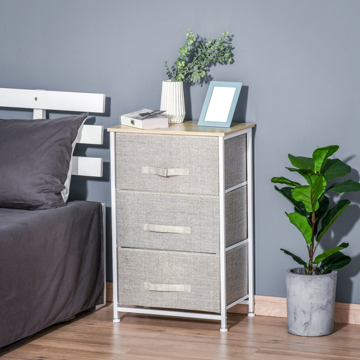 Meuble de rangement chiffonnier moderne 3 tiroirs en tissu, cadre en acier et MDF, 45 x 30 x 71 cm, gris