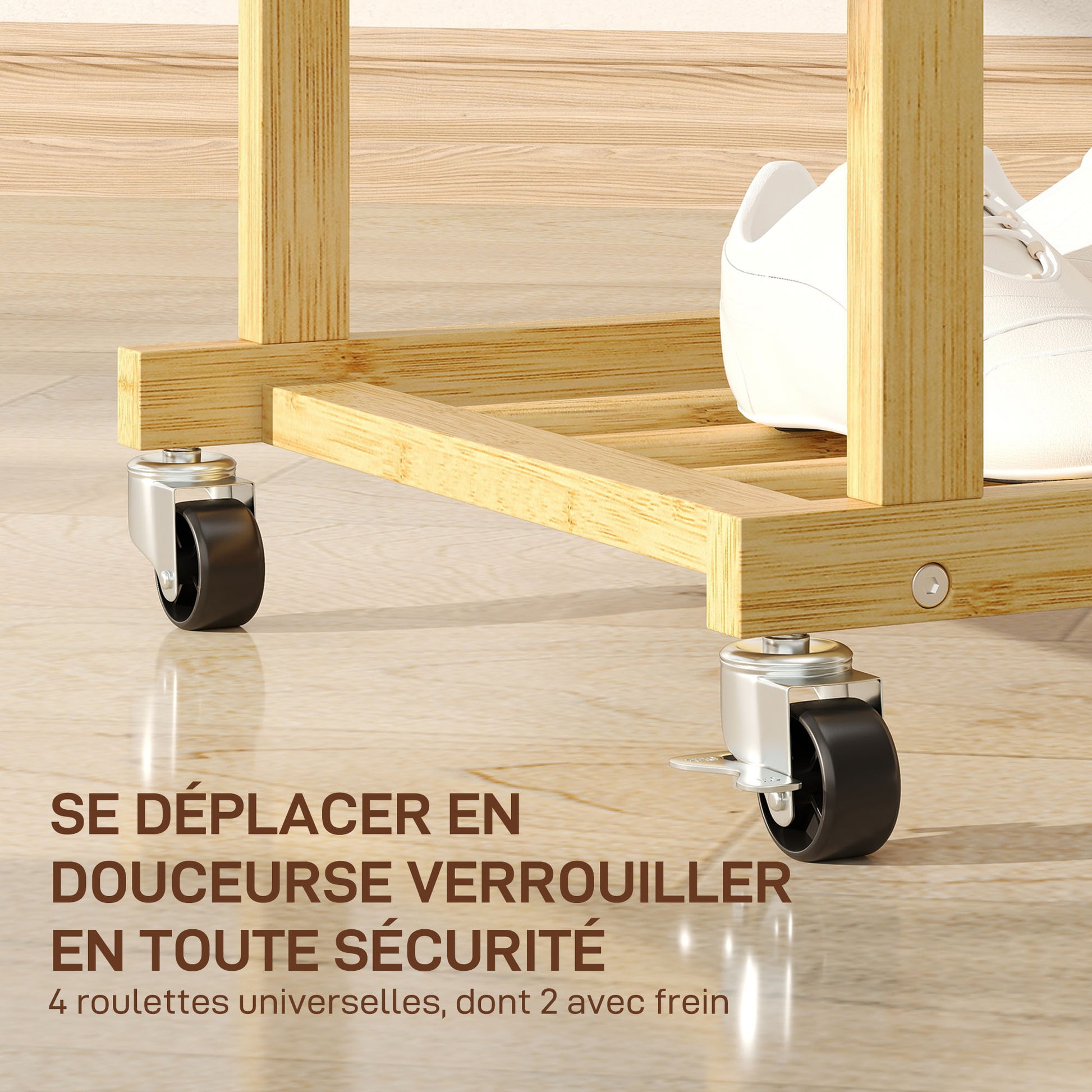 Portant à vêtements à roulettes, porte-manteau double barre en bambou avec étagère inférieure, 80x40x160cm, bois naturel
