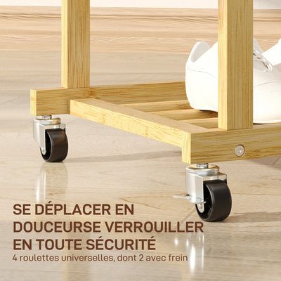 Portant à vêtements à roulettes, porte-manteau double barre en bambou avec étagère inférieure, 80x40x160cm, bois naturel