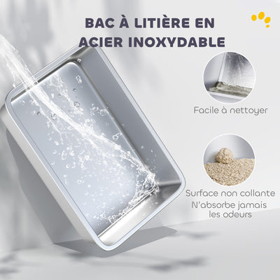 Bac à Litière XL en Acier Inoxydable, Parois Latérales Hautes, Pédale et Tapis Filtrants, Pelle, 60,2x40,2x29,6cm, Gris