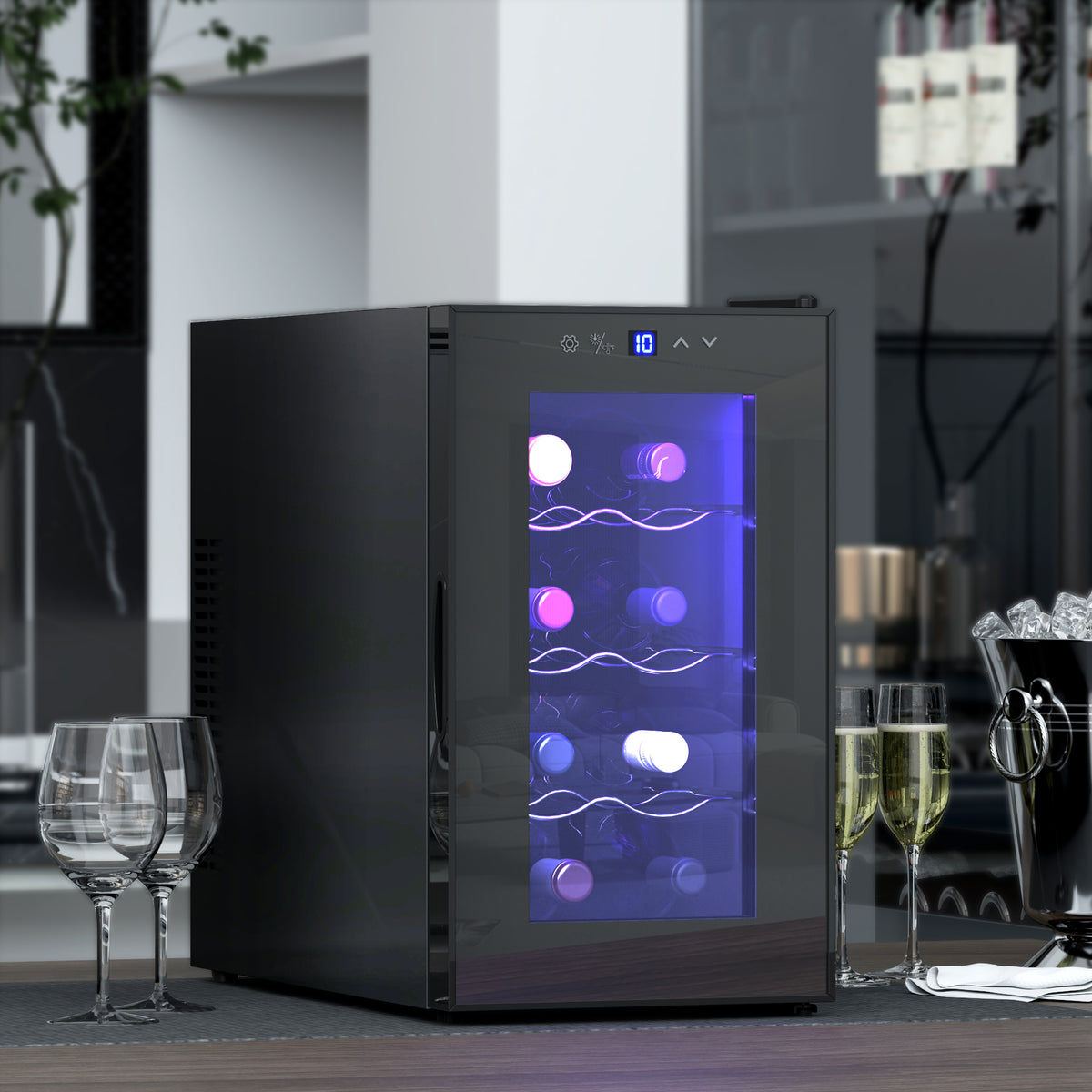 Cave à vin 8 bouteilles 21L, réfrigérateur à vin et boissons avec température réglable 8-18°C, porte en verre, noir