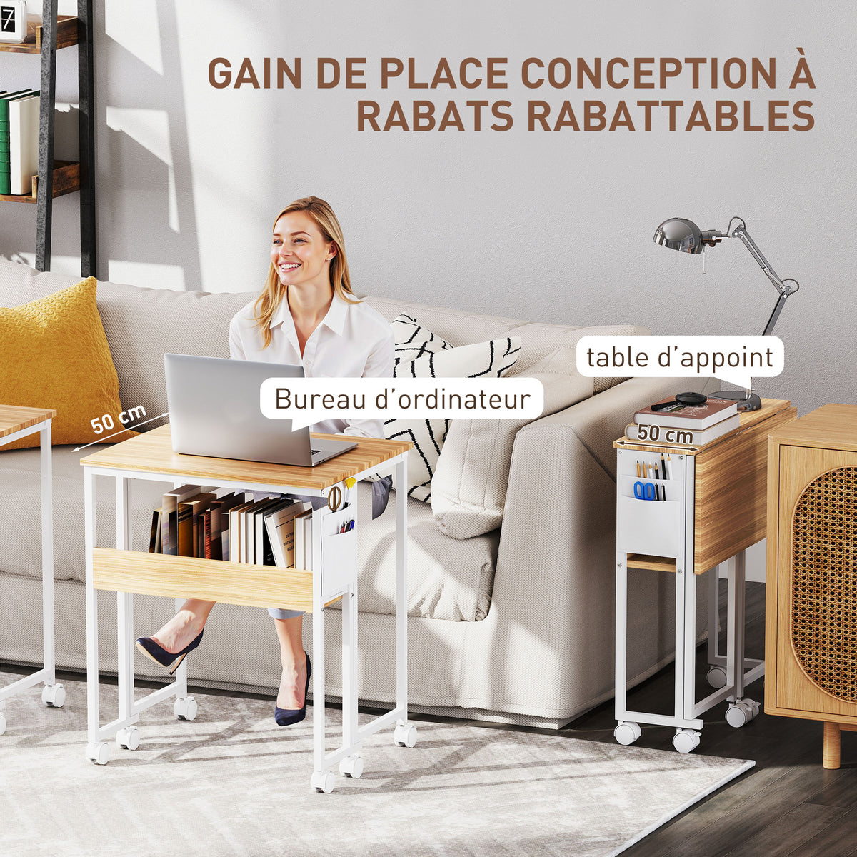 Bureau pliable sur roulettes 63 x 50 cm avec étagère et sac de rangement, bois naturel