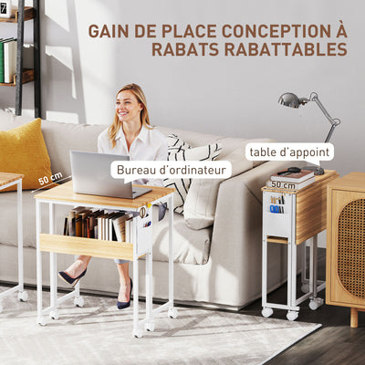 Bureau pliable sur roulettes 63 x 50 cm avec étagère et sac de rangement, bois naturel