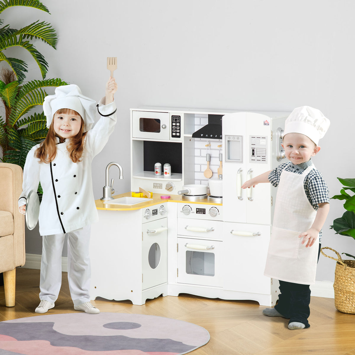 Cuisine pour Enfant 3-6 ans Jeu d'imitation Nombreux Accessoires rangements évier, robinet, four, micro-ondes, hotte, téléphone et réfrigérateur Blanc