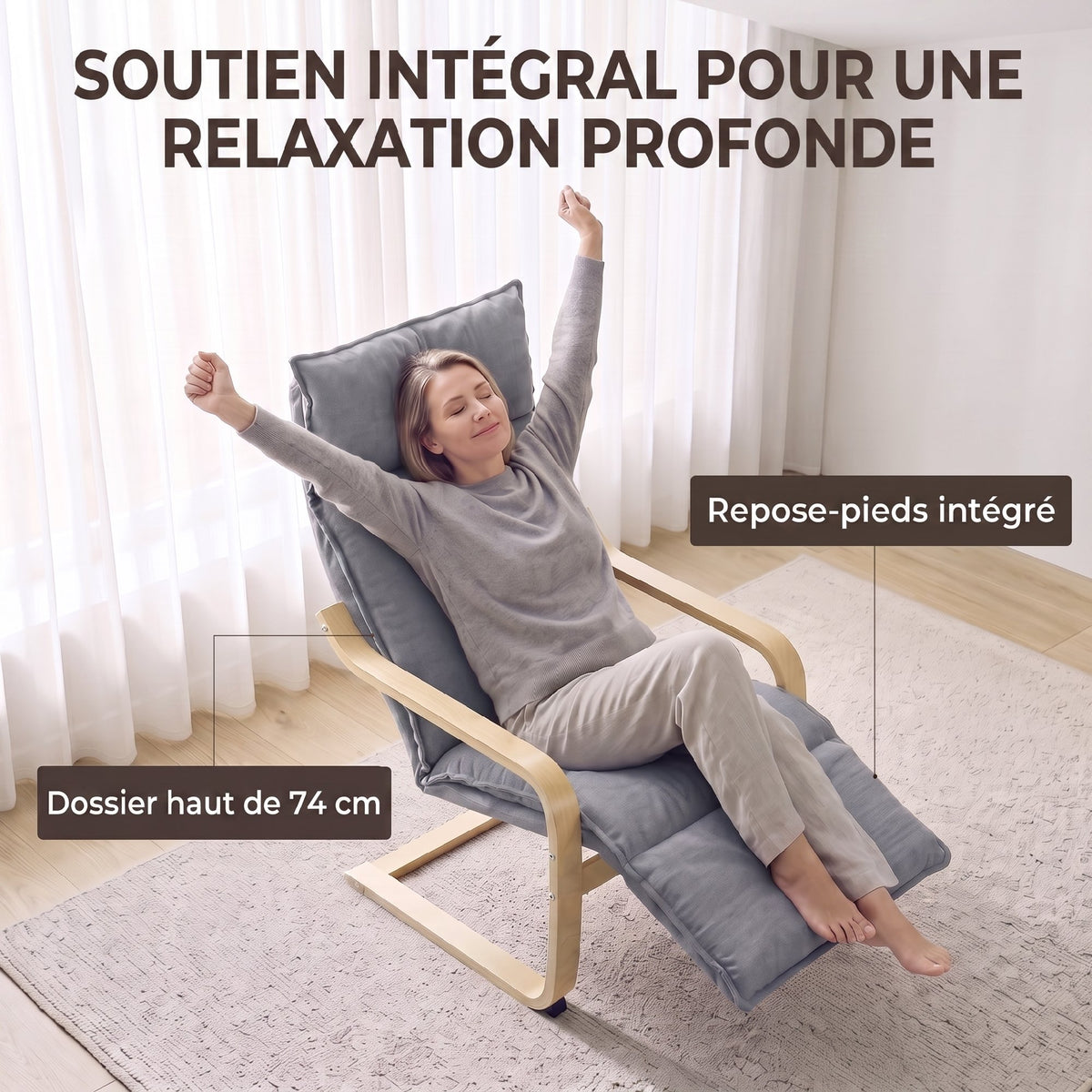 Fauteuil Salon, Fauteuil d'Appoint Rembourré en Lin avec Repose-Pieds, Assise Large, Bascule Douce, Dossier Haut, Gris Aosom